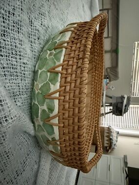 Woven Rattan Basket with Green Mosaic Accent